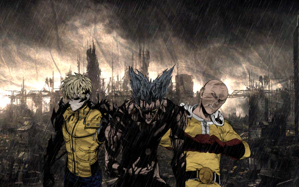 HD anime wallpaper featuring Genos, Garou, and Saitama from One-Punch Man Season 2 standing in the rain against a dark, stormy cityscape.