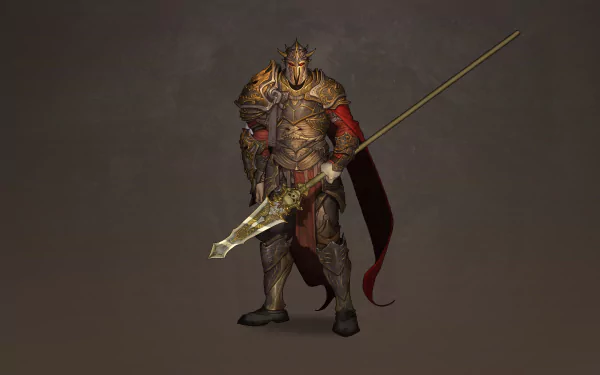 Fantasy knight in ornate armor wielding a long lance, red cape flowing, heroic fantasy warrior portrait — 4K Ultra HD PC desktop wallpaper background.