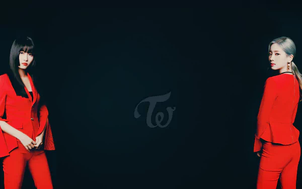 HD PC wallpaper of K-pop group Twice members Momo and Dahyun in red outfits against a dark background with the Twice logo centered, highlighting the music band.