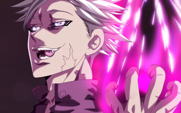 HD PC desktop wallpaper of Ban from the anime The Seven Deadly Sins, featuring his confident expression and glowing purple energy in a dynamic background.