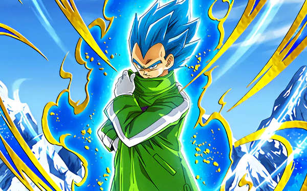 Vegeta (Dragon Ball Super: Broly) in Super Saiyan Blue, wrapped in a green cloak, crackling with blue and gold energy against snowy mountains — 4K Ultra HD anime desktop wallpaper.