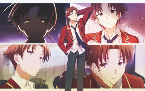 HD desktop wallpaper featuring Kiyotaka Ayanokōji from the anime Classroom of the Elite, showcasing various expressions of the character against a collage of backgrounds.
