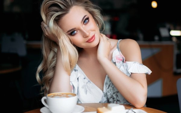 Women Model Coffee Cup Blonde Blue Eyes Lipstick HD Wallpaper | Background Image