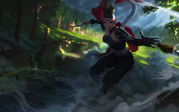 A blue-eyed elf woman warrior with a braid and dagger moves stealthily through a misty forest in this 4K Ultra HD fantasy desktop wallpaper.