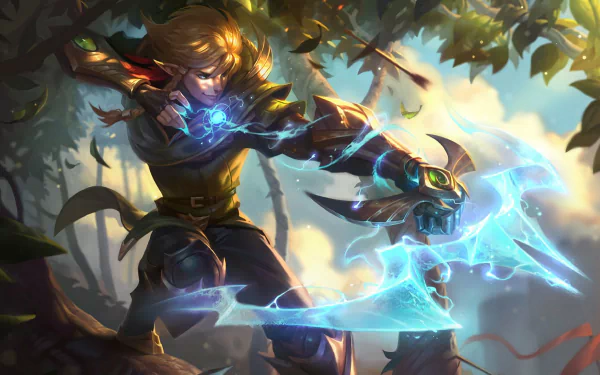Ezreal (League of Legends) firing a glowing blue energy bow through sunlit forest leaves — HD PC desktop wallpaper/background art from the video game League of Legends.