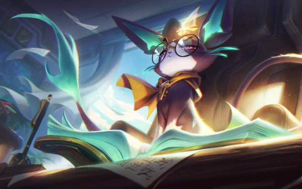 HD PC desktop wallpaper featuring Yuumi from the video game League of Legends, showcasing the magical cat with glowing effects and an open book.