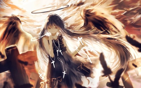 Anime Angel Long Hair Wings Cross Feather HD Wallpaper | Background Image