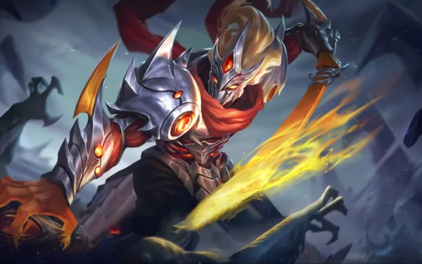 HD PC desktop wallpaper of a Mobile Legends: Bang Bang hero in red-and-silver armor unleashing a fiery blade strike against shadowy foes on a stormy battlefield.