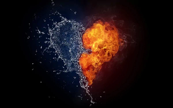An artistic HD desktop wallpaper featuring a striking heart shape formed by splashes of water and flames, symbolizing contrasting elements. A captivating and vibrant background.