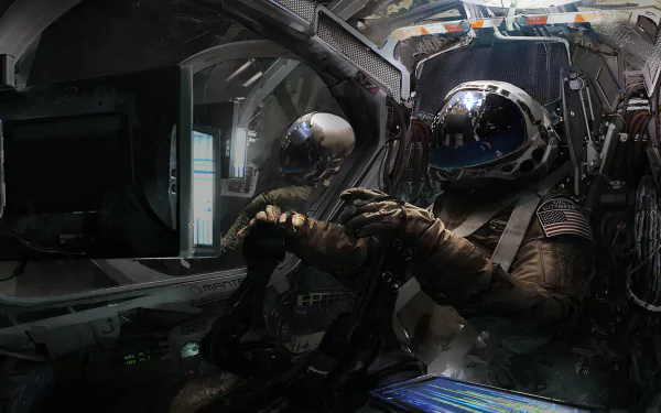 HD sci-fi wallpaper featuring an astronaut navigating a spaceship. The detailed cockpit and high-tech controls create an immersive background experience.