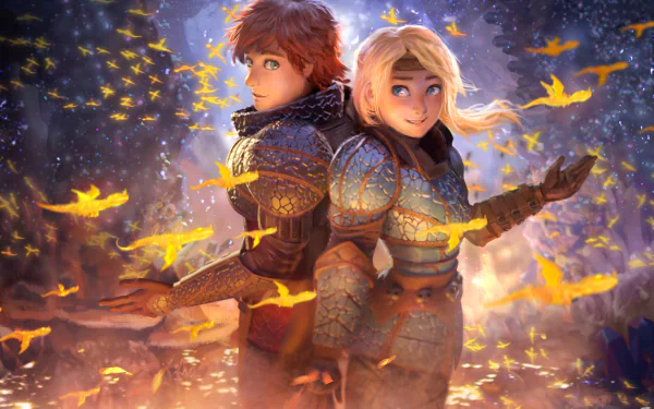 Hiccup and Astrid from How to Train Your Dragon: The Hidden World stand back-to-back, surrounded by glowing yellow creatures. This HD wallpaper showcases the pair in their armor, set in a magical forest.