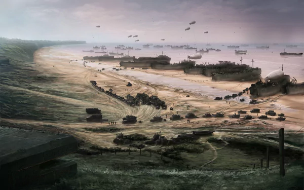 HD desktop wallpaper of a World War II beach landing scene from the video game Hearts of Iron IV, depicting troops, tanks, and ships in an intense coastal battle.