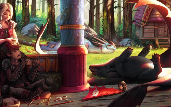 Toothless, Hiccup, and Astrid from How to Train Your Dragon relax in a forest setting near a wooden cabin in this 4K Ultra HD PC desktop wallpaper.