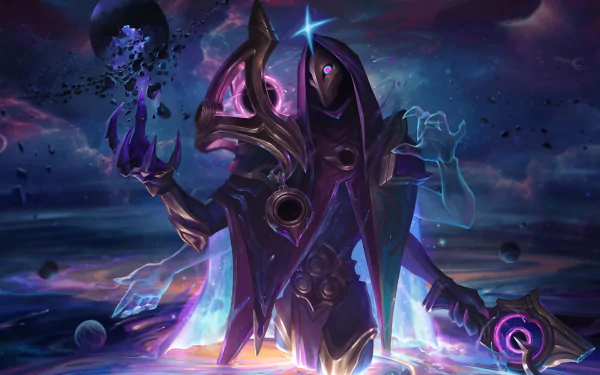 HD desktop wallpaper featuring Jhin from League of Legends, showcasing an ethereal and cosmic background with vibrant colors and intricate details from the video game.