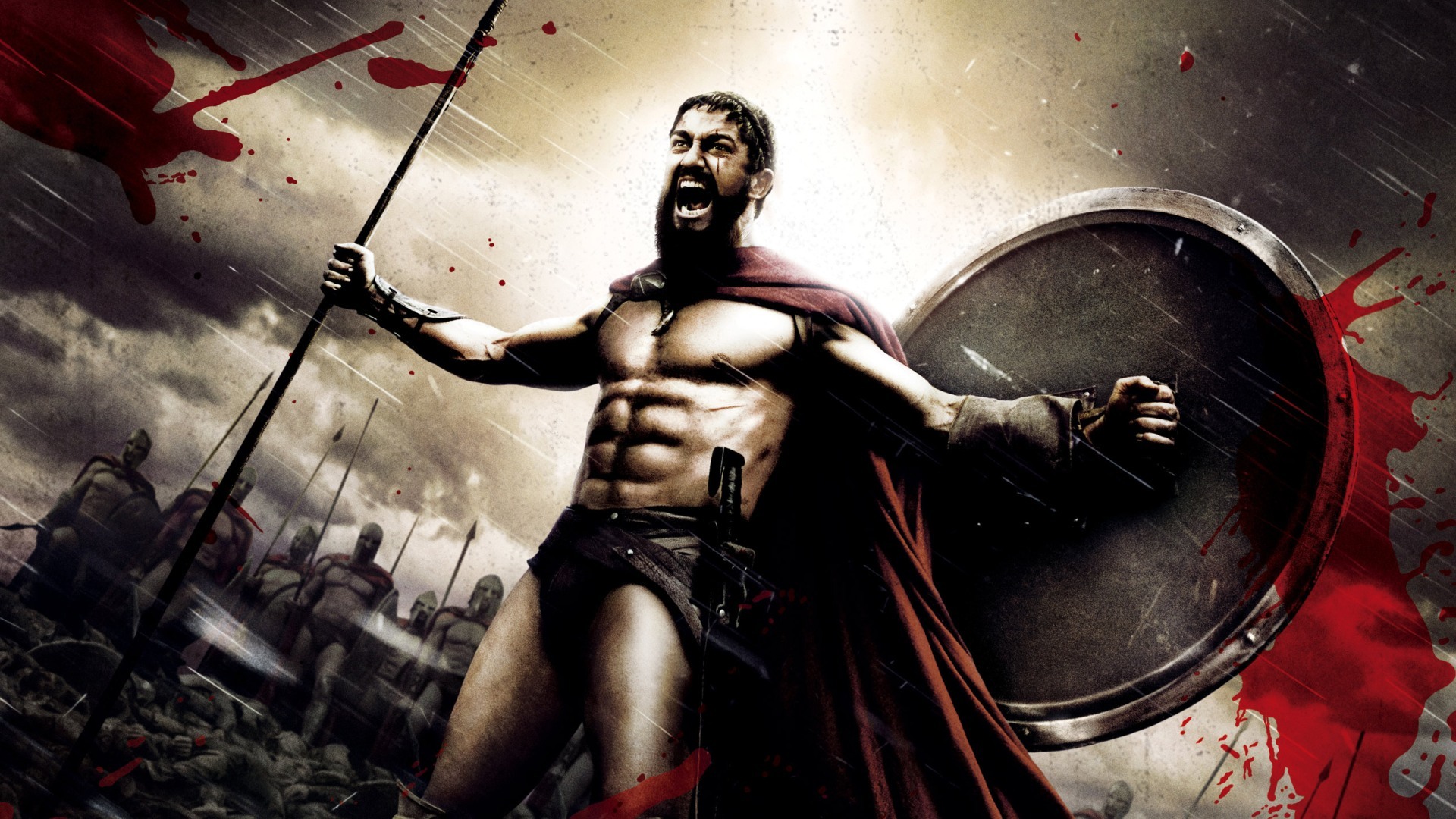 Gerard Butler portraying King Leonidas in the movie 300.