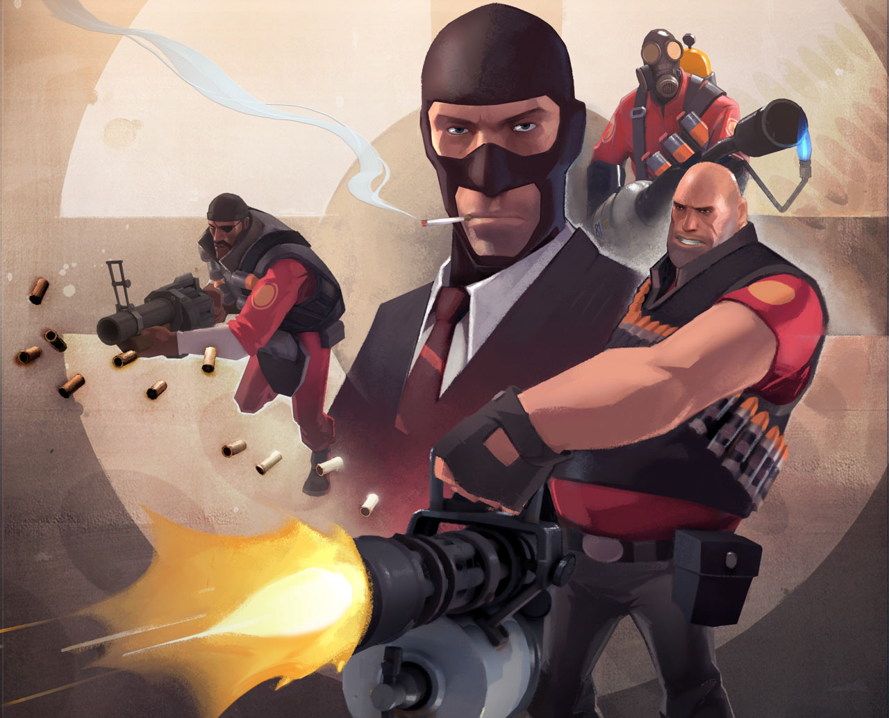 Team Fortress characters Heavy, Spy, Pyro, and Soldier in a dynamic desktop wallpaper