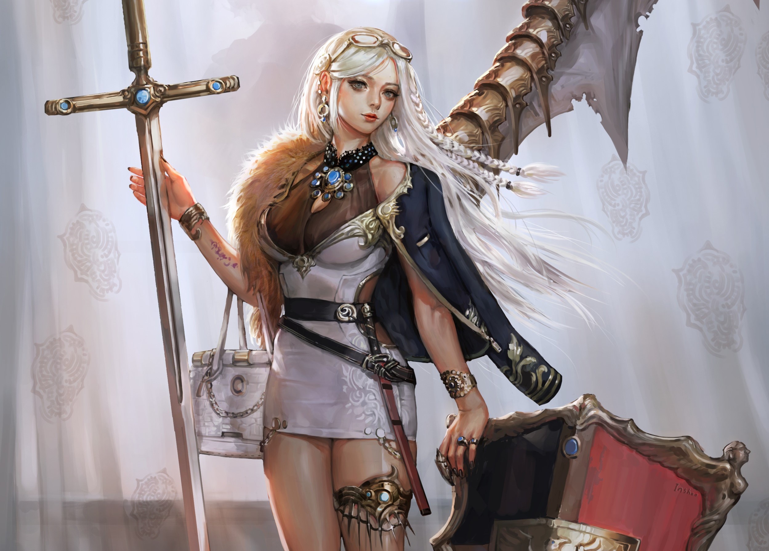 Download Braid Long Hair White Hair Woman Warrior Blonde Blue Eyes Weapon Sword Fantasy Women 4685