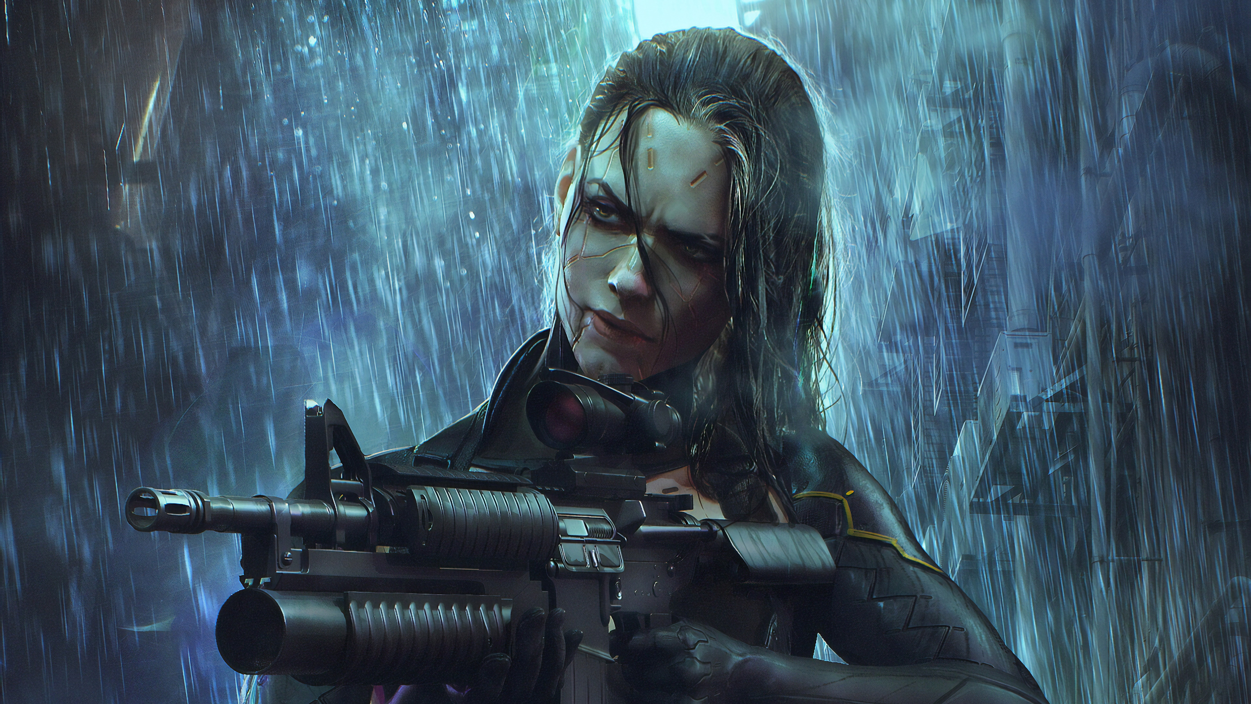 Download Rain Weapon Woman Warrior Sci Fi Cyberpunk HD Wallpaper By