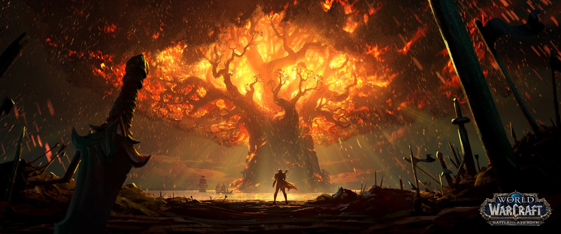 HD PC desktop wallpaper featuring Sylvanas Windrunner standing before the fiery, glowing World Tree from the video game World of Warcraft: Battle for Azeroth.