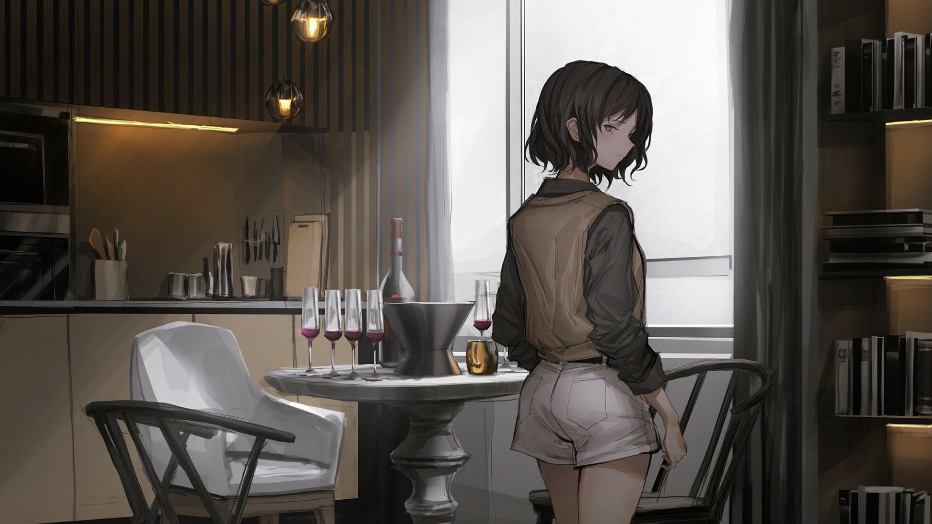 Anime-style image featuring a woman with purple eyes and black hair in a modern kitchen. The room has a cozy atmosphere with a table, chairs, and glasses of wine, often used as HD desktop wallpaper.