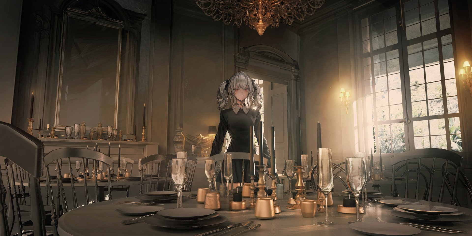 Download Room Gothic Chandelier Twintails Grey Hair Anime Original Anime Room Gothic Anime HD Wallpaper by _LM7_