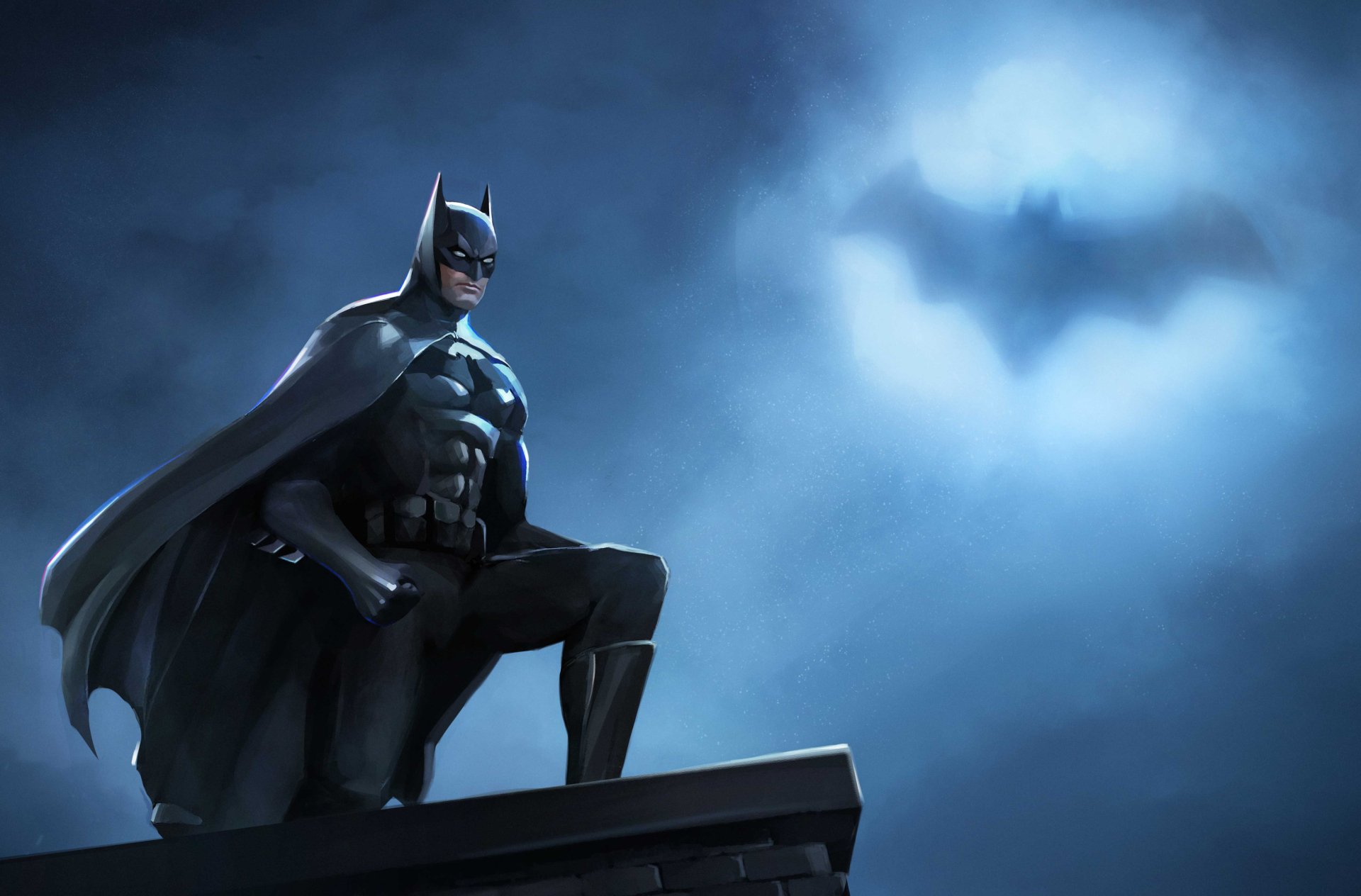 HD PC desktop wallpaper featuring Batman from DC Comics standing on a rooftop with the glowing Bat-Signal illuminating the night sky in the background.