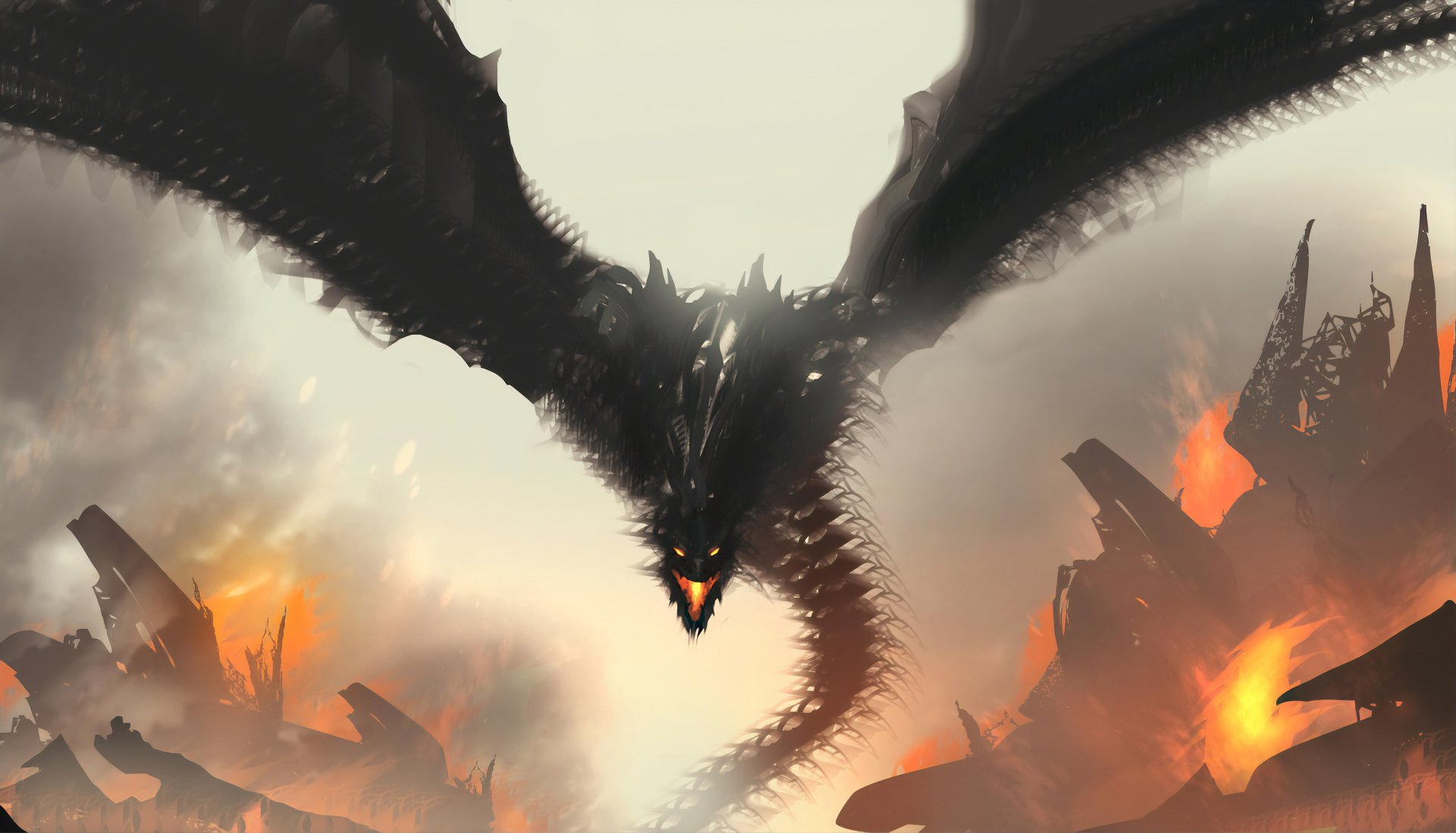 A fierce fire dragon with glowing eyes and wide wings soars over a fiery, smoldering battlefield, depicted in stunning 4K Ultra HD fantasy art.