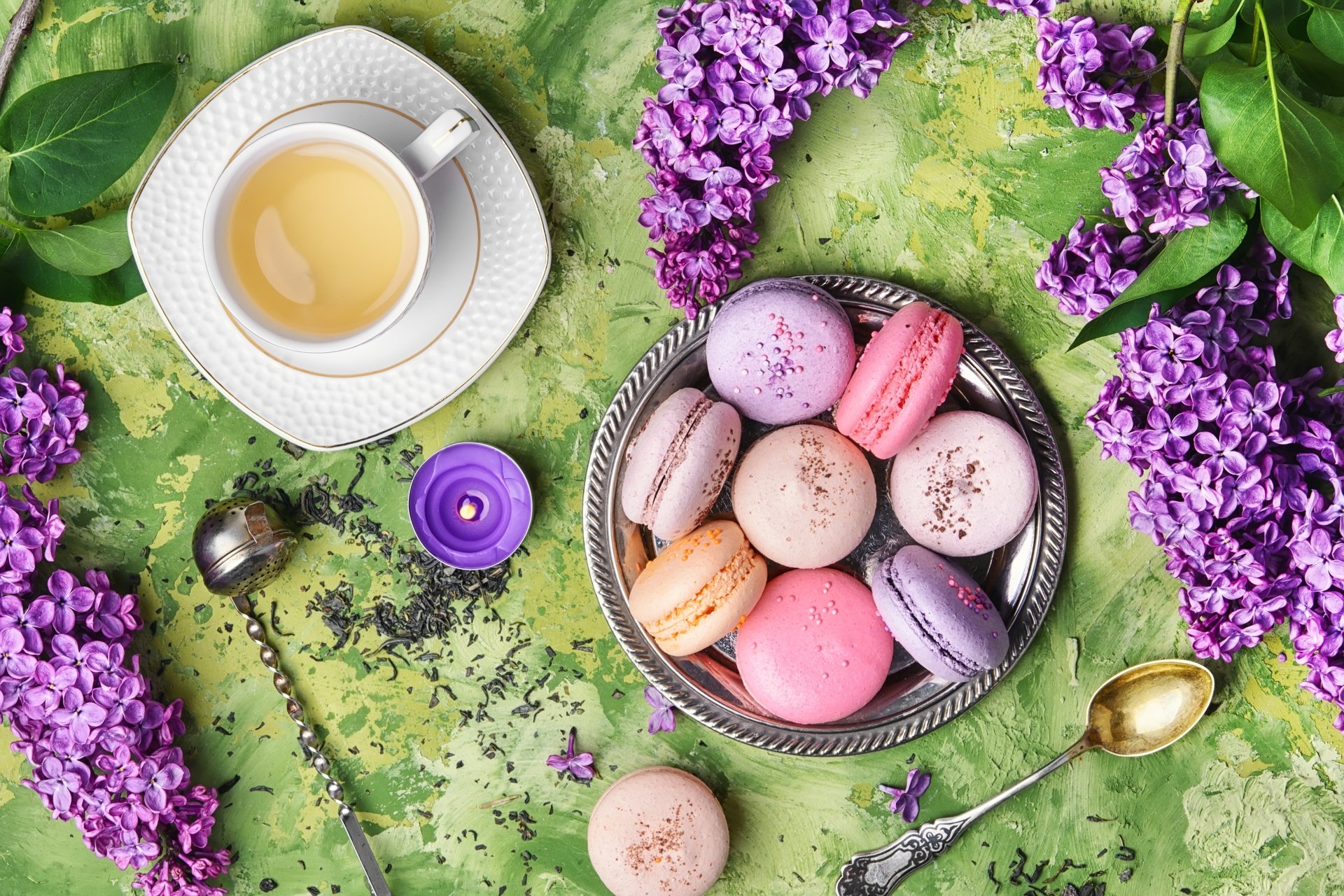 Download Still Life Tea Cup Lilac Flower Food Macaron 4k Ultra HD Wallpaper