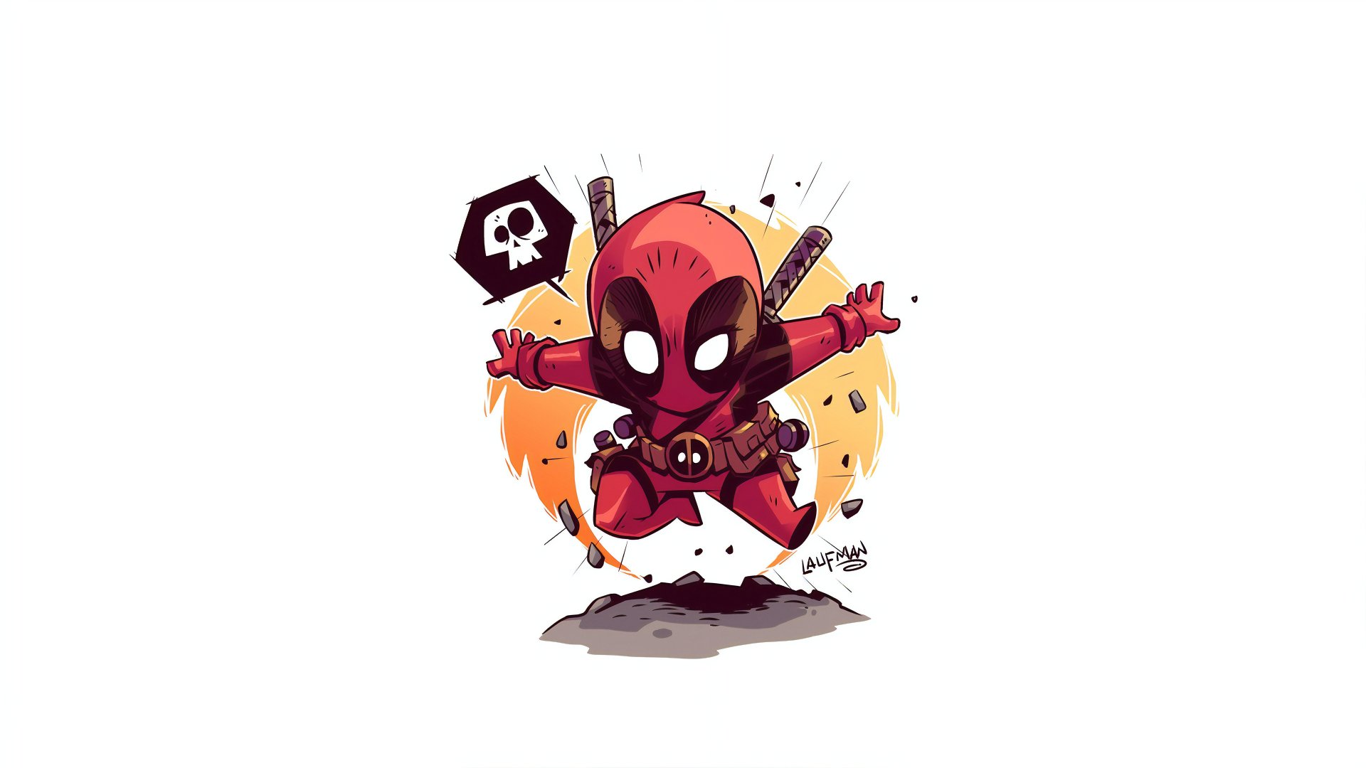 HD wallpaper featuring a cartoon version of Deadpool jumping with swords on his back and a skull speech bubble, set against a white background.