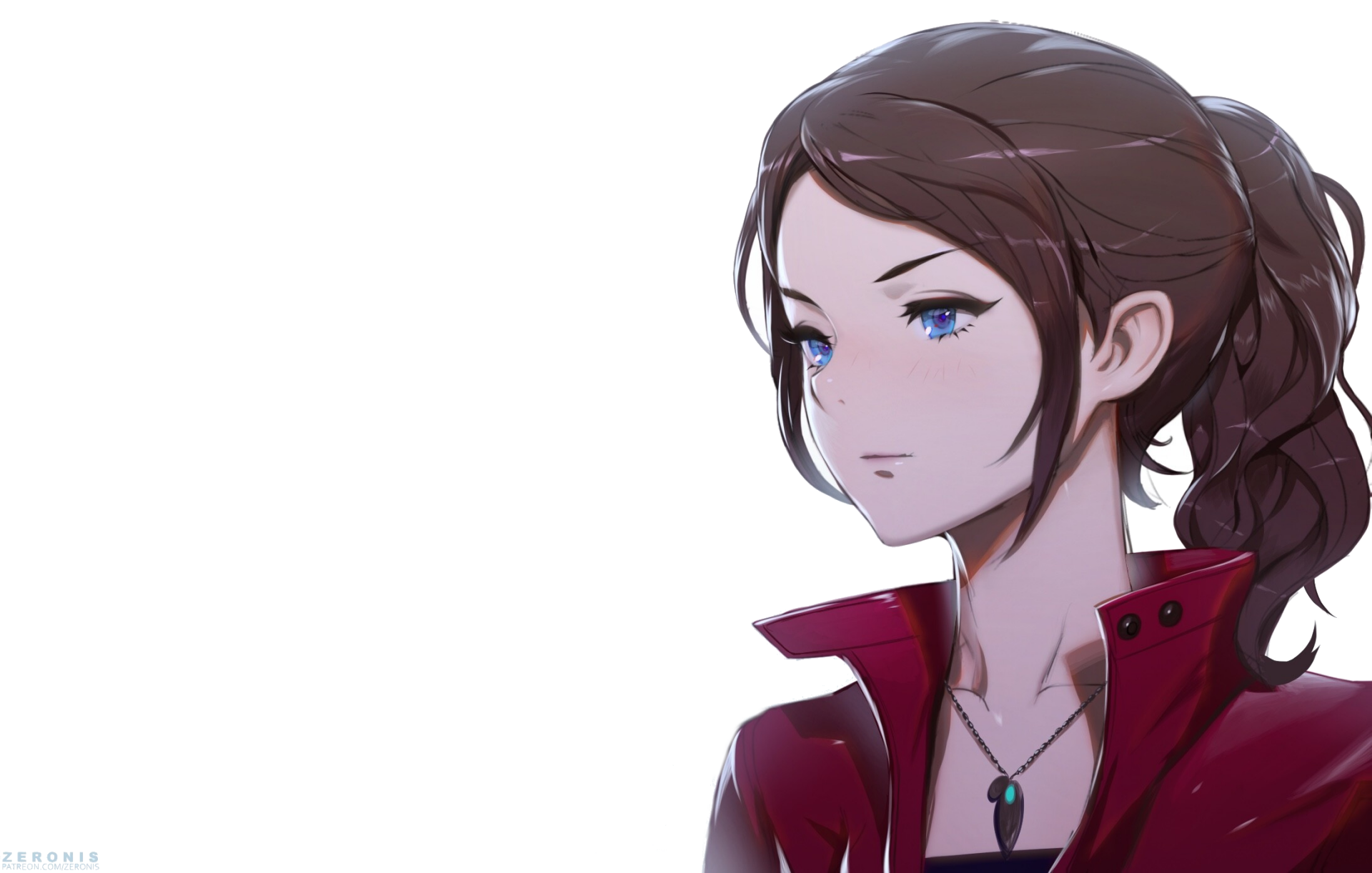 HD PC desktop wallpaper featuring Claire Redfield from the video game Resident Evil 2 (2019), depicted with a focused expression and signature red jacket.