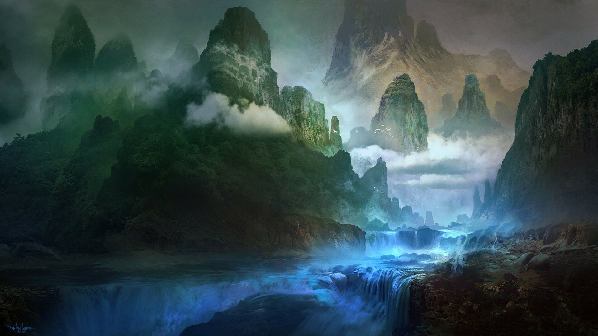 A mystical fantasy landscape featuring towering mountains shrouded in mist and glowing blue waterfalls, designed as an HD PC desktop wallpaper and background.