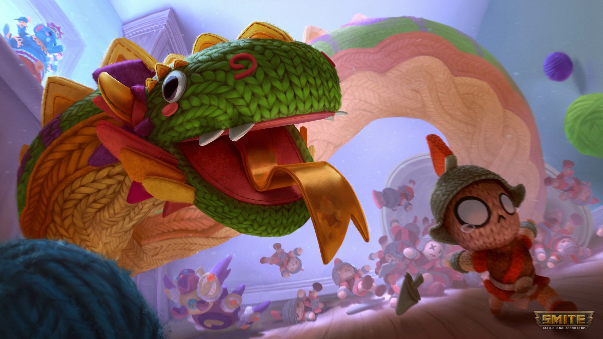 4K Ultra HD Smite wallpaper featuring vibrant, stylized characters Ganesha and Jormungandr from the video game in a dynamic, colorful fantasy scene.