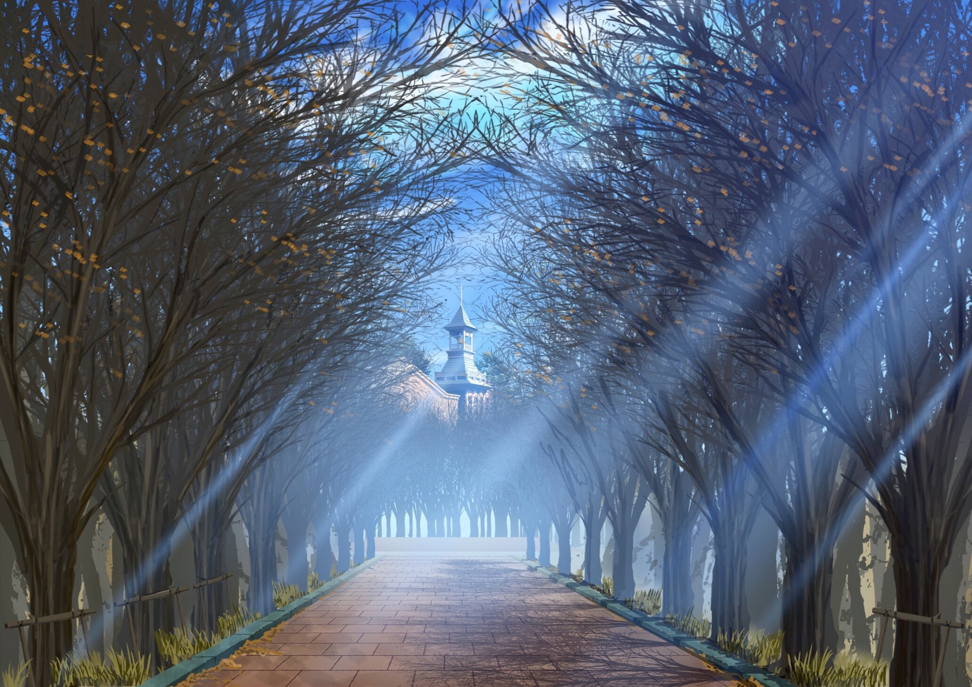 Anime-style HD PC desktop wallpaper depicting a serene path lined with tall trees, light beams filtering through branches, leading toward a distant tower.