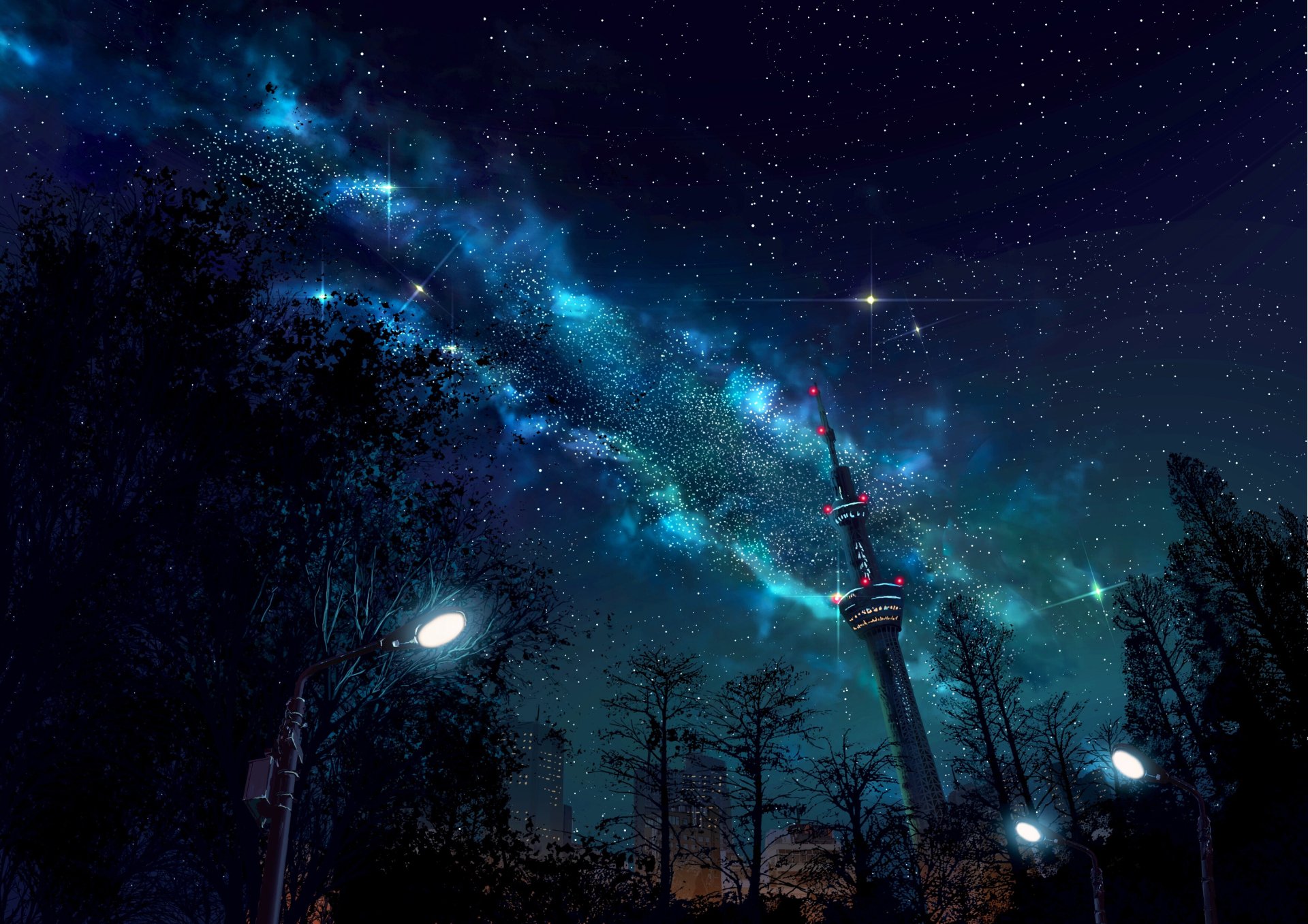 Anime HD desktop wallpaper of a night sky filled with stars, featuring a prominently lit tower and silhouetted trees framing the scene.
