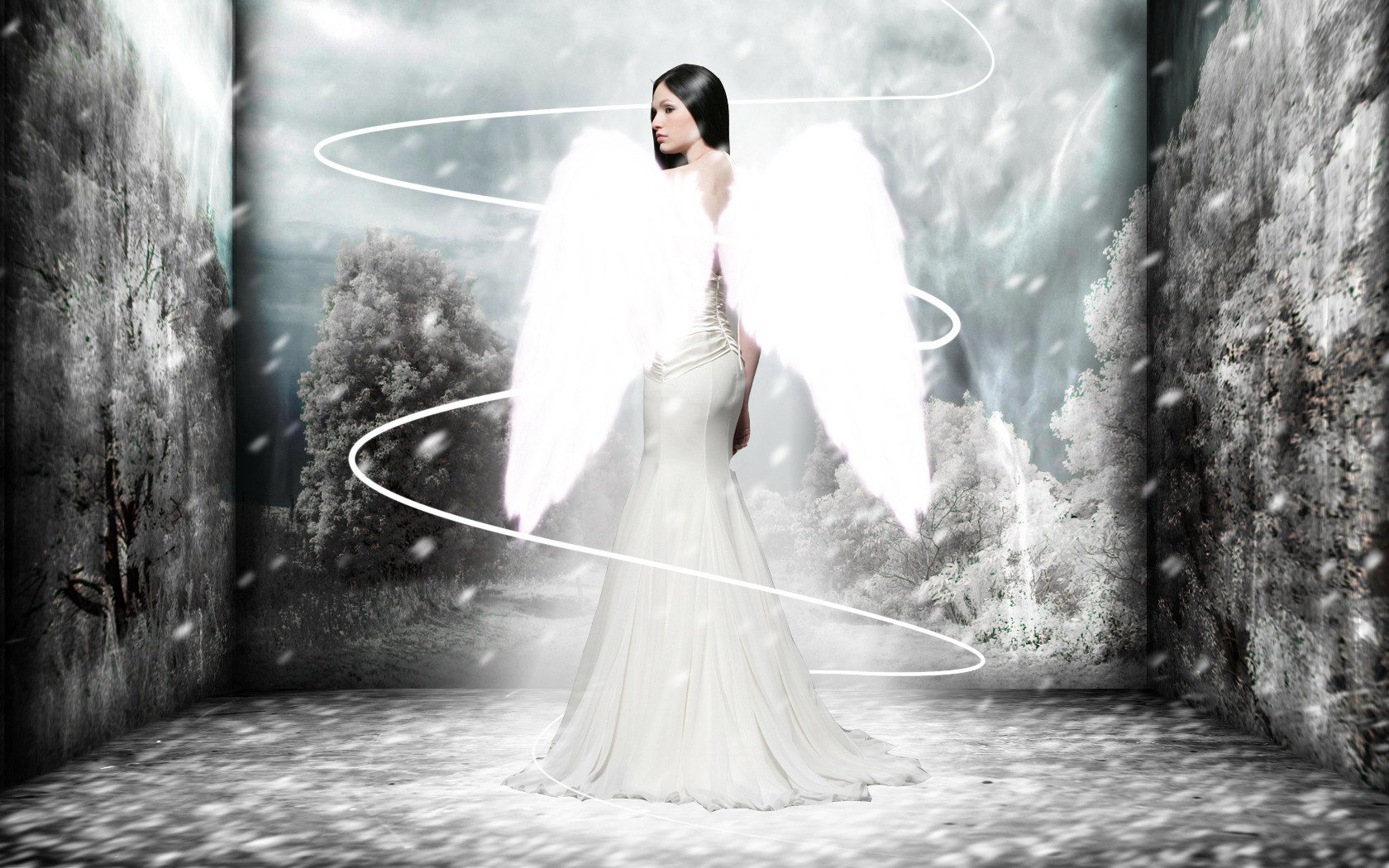 A fantasy-themed HD wallpaper featuring an angelic figure in a flowing white gown and majestic wings, set against a mystical landscape with swirling light effects.