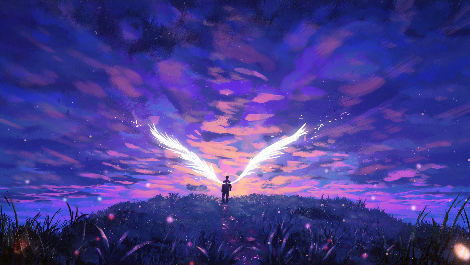 Fantasy-themed HD PC desktop wallpaper depicting a lone angel with glowing wings standing on a hill under a vibrant, starry twilight sky.
