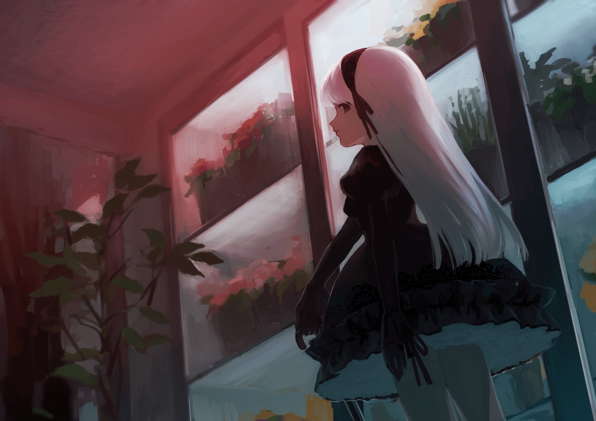 HD anime-style original desktop wallpaper featuring a girl with long white hair and a dark outfit standing indoors near large windows with plants outside.