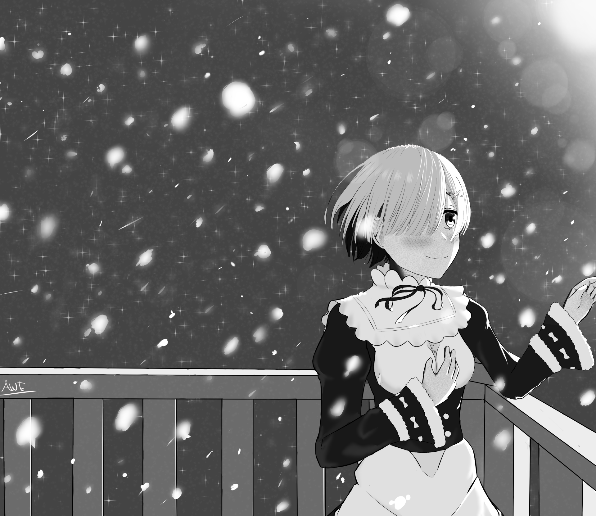Black and white 4K Ultra HD anime wallpaper featuring Rem from Re:Zero in a snowfall scene.