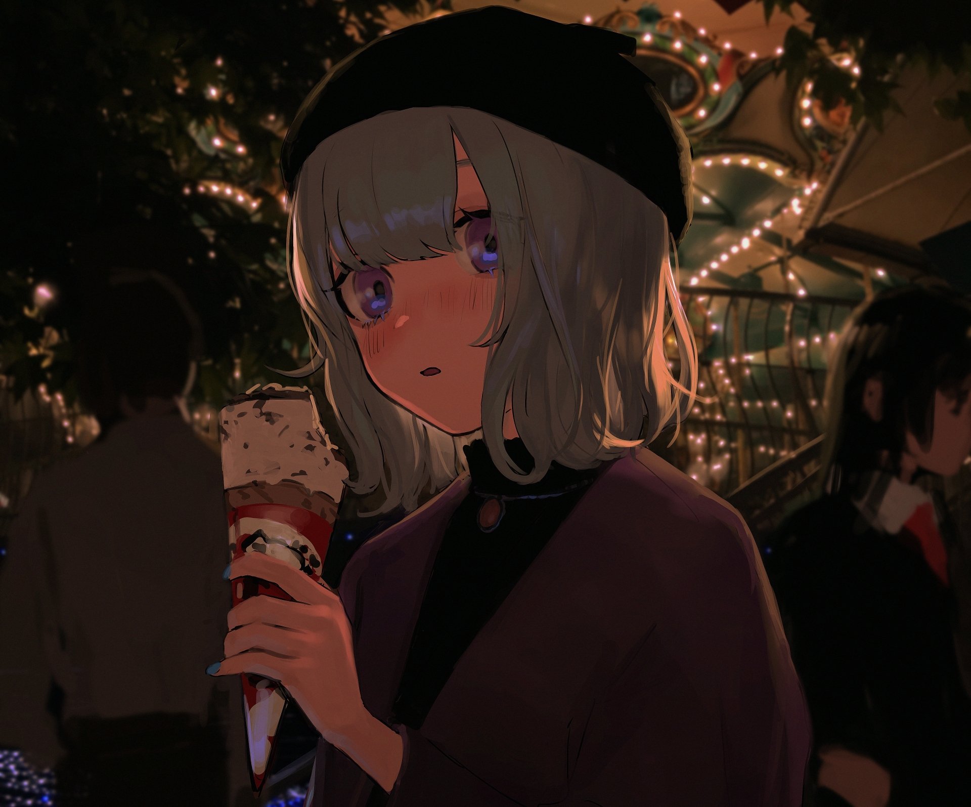 Anime girl with white hair and a black beret holding an ice cream cone in a dimly lit, festive urban setting, rendered in 4K Ultra HD for PC desktop.