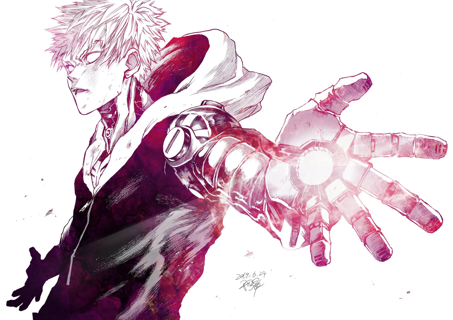 Genos from One-Punch Man, depicted in a dynamic pose with a glowing arm, set against a vibrant background. An 8K Ultra HD anime wallpaper capturing his fierce determination.
