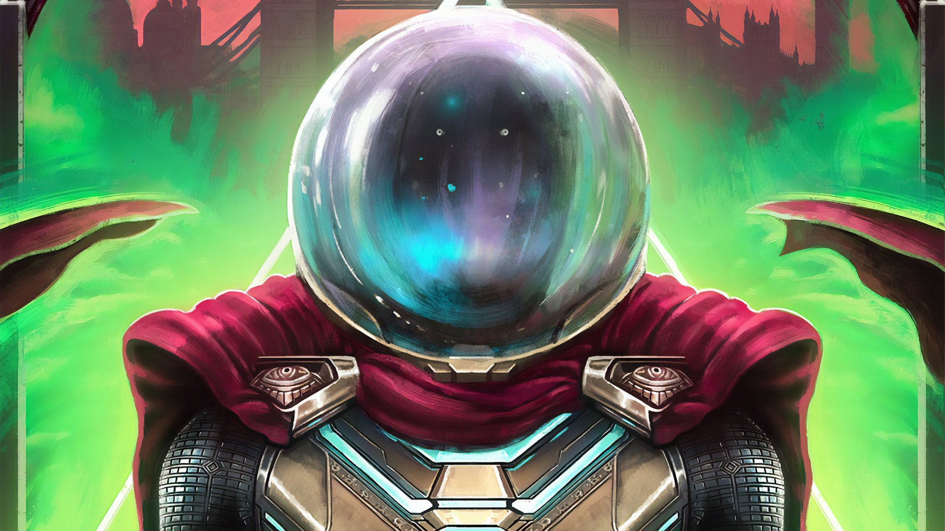 4K Ultra HD wallpaper featuring Marvel Comics’ Mysterio from the movie Spider-Man: Far From Home, showcasing his iconic helmet and mystical green aura.