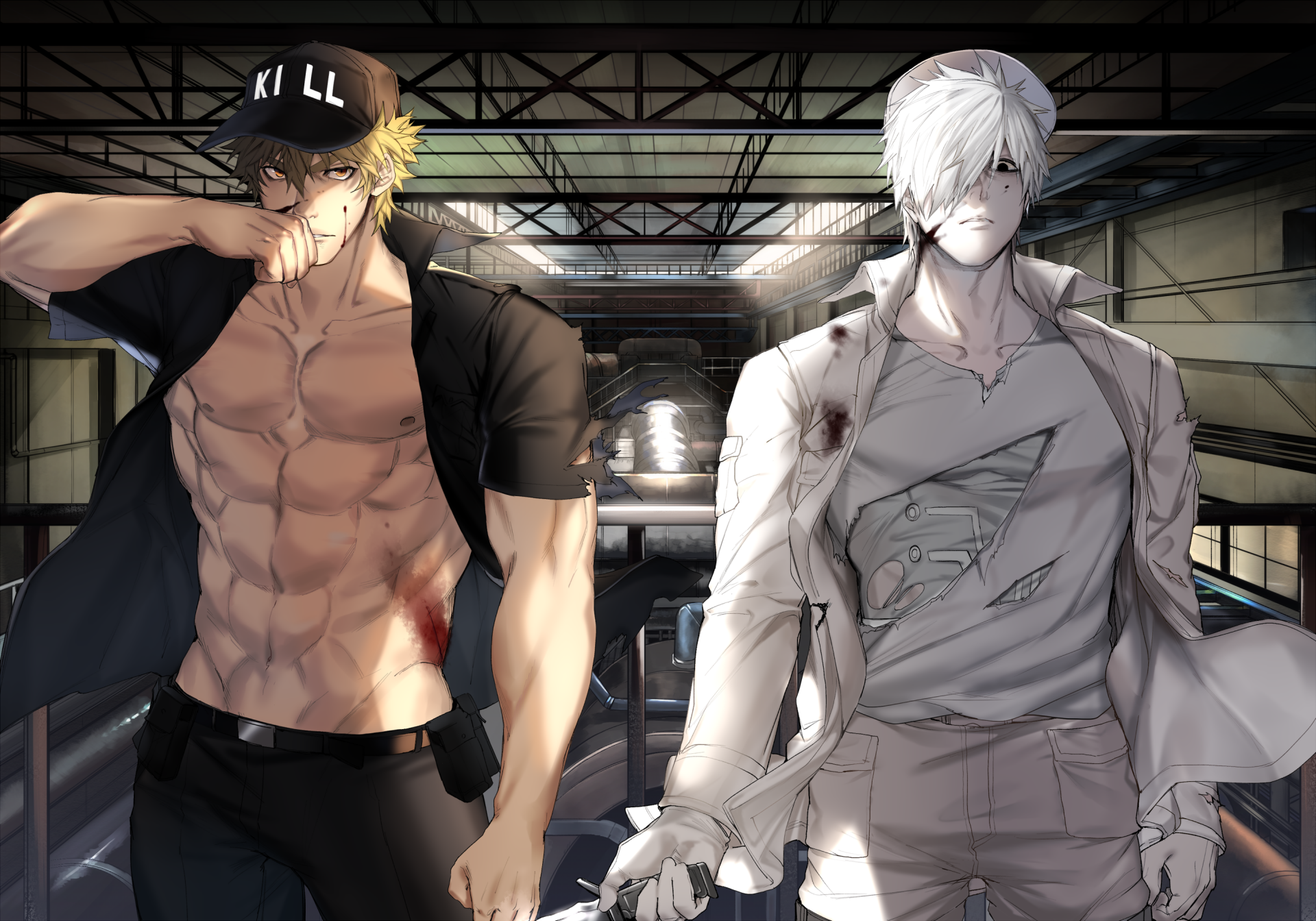 HD PC desktop wallpaper featuring Killer T and U-1146 from the anime Cells at Work!, showcasing their intense and dynamic characters in a detailed industrial setting.