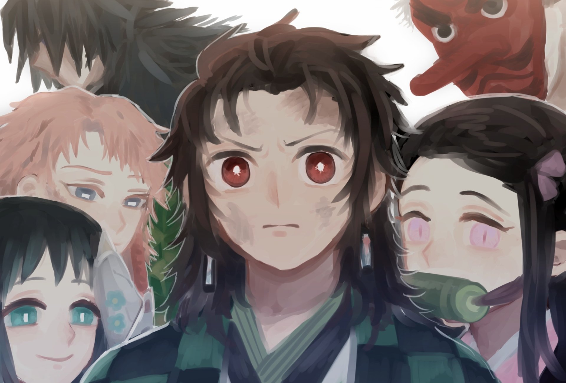 HD PC desktop wallpaper featuring Nezuko Kamado, Giyuu Tomioka, Makomo, Sabito, Sakonji Urokodaki, and Tanjiro Kamado from Demon Slayer: Kimetsu no Yaiba anime.