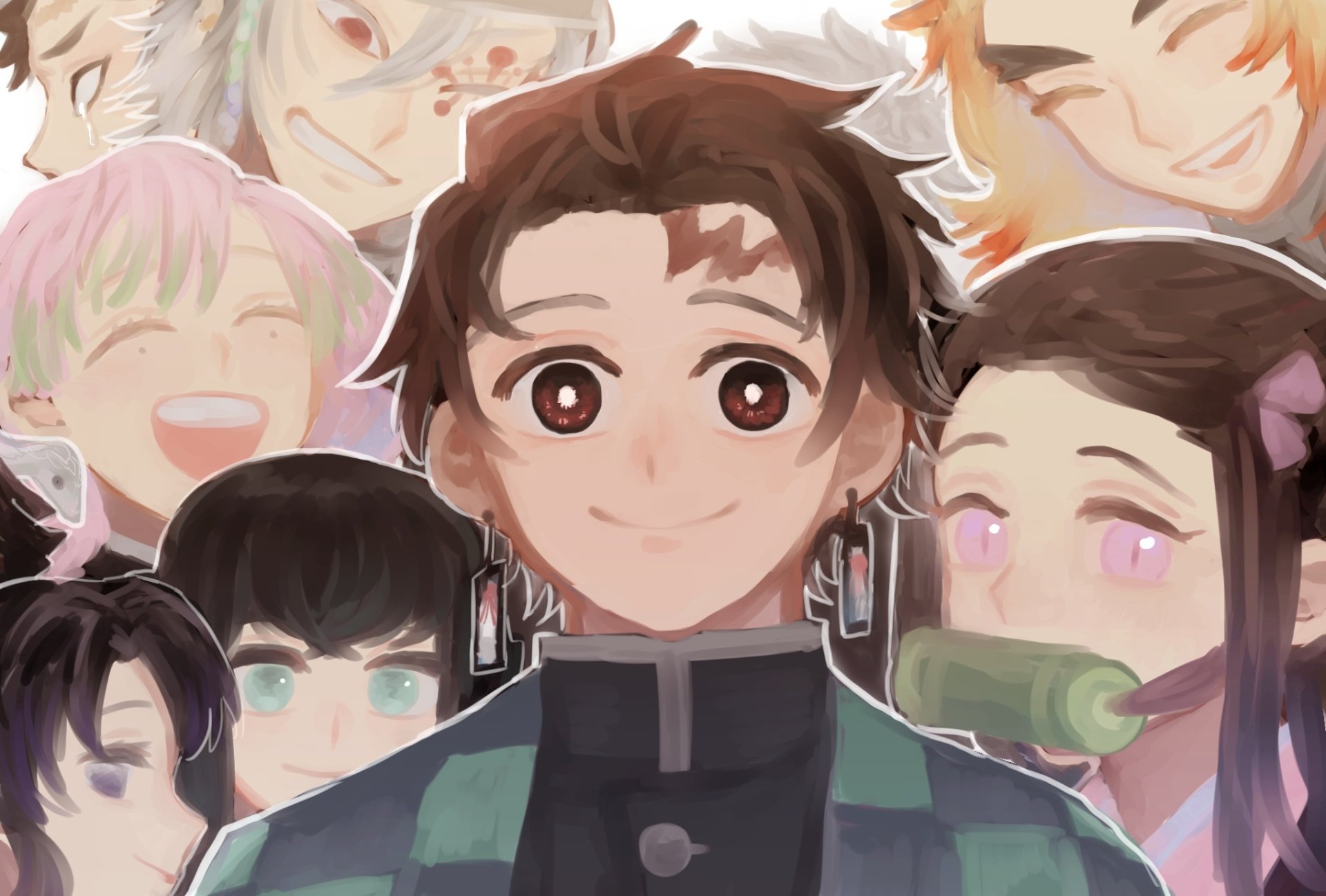 HD anime desktop wallpaper featuring Nezuko Kamado, Tanjiro Kamado, and other characters from Demon Slayer: Kimetsu no Yaiba in a vibrant, detailed style.