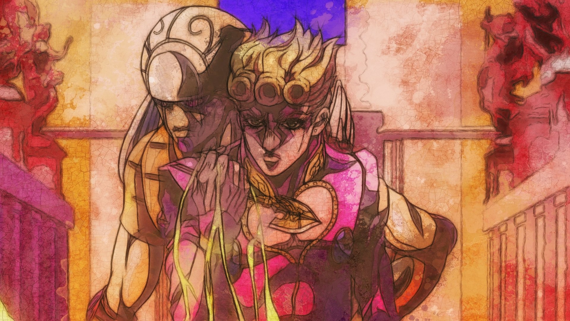 HD PC desktop wallpaper featuring Giorno Giovanna from the anime Jojo's Bizarre Adventure in a stylized, warm-toned illustration.