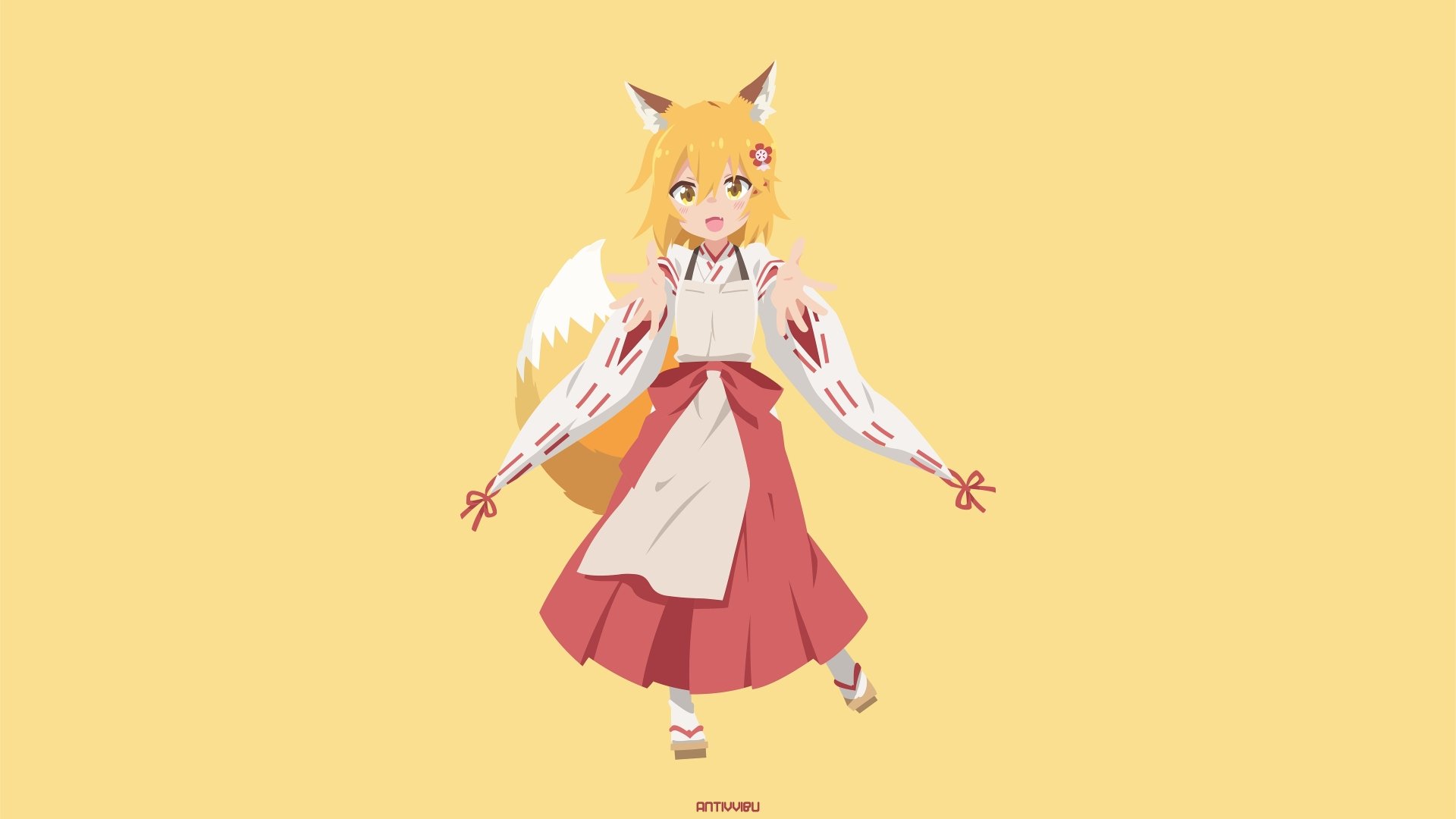 Minimalist 4K Ultra HD anime wallpaper of Senko-san with blonde hair, yellow eyes, fox ears, tail, and a skirt, set against a soft yellow background.