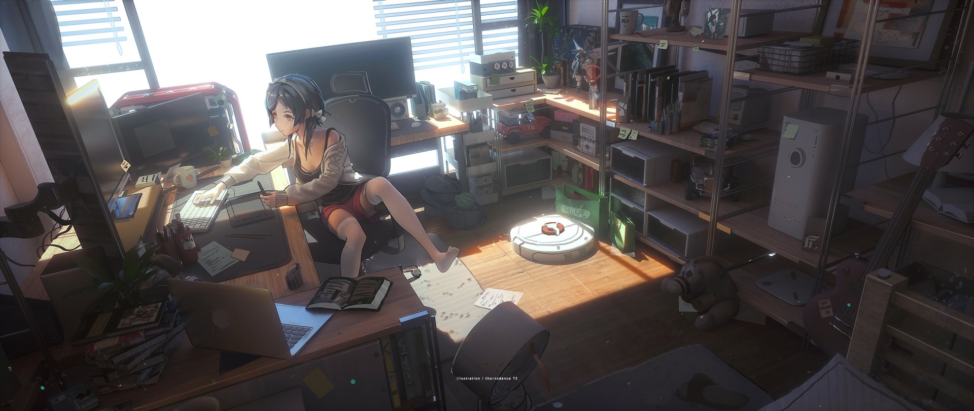 Anime-style HD desktop wallpaper featuring a young woman in a cluttered room filled with electronics, sitting on the floor with a robotic vacuum cleaner nearby.