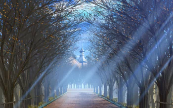 Anime-style HD PC desktop wallpaper depicting a serene path lined with tall trees, light beams filtering through branches, leading toward a distant tower.