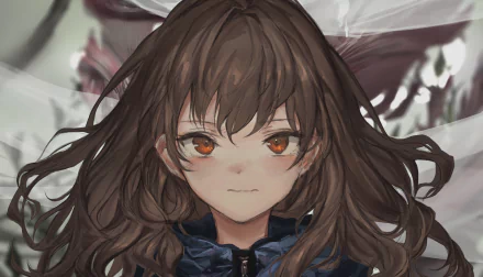 Anime-style original character with flowing brown hair and striking brown eyes, rendered in stunning 4K Ultra HD for a PC desktop wallpaper background.