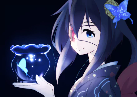 HD anime desktop wallpaper featuring Rikka Takanashi from Love Chunibyo & Other Delusions, holding a glowing jar with blue butterflies against a dark background.
